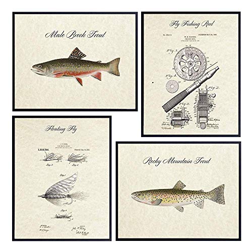 Trout And Fly Fishing Unframed Wall Art Prints Set Of Four Great For Fishermen Home Decor Or Gifts Ready To Frame 8x10 Vintage Photos Yellowbird Design - Fishing Home Decor