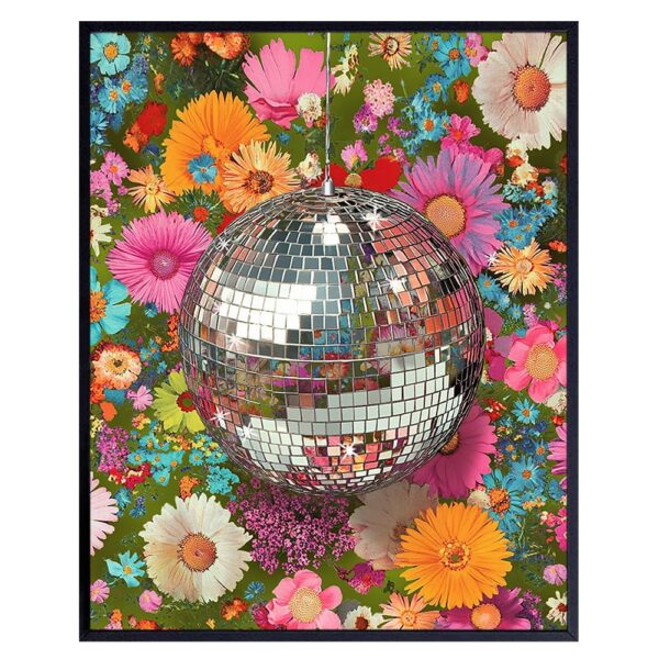 Disco Ball Floral Wall Art - Flower Wall Art - Shabby chic Wall Art - Girly Wall Decor - small Apartment Living room Wall Art - Mid Century Modern Wall Decor for Women - Cute Bedroom Decor Aesthetic - B0DMTL9FH1