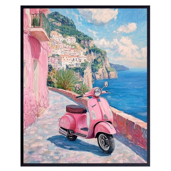 Coastal Wall Art & Decor - Pastel Pink Vespa Italian Wall Art - Amalfi Coast Decor - Light Blue Wall Decor Living room Pictures - Wall Decor Bedroom - Fun Wall Art Decor for Women 8x10 Unframed - B0DM9FM9B3