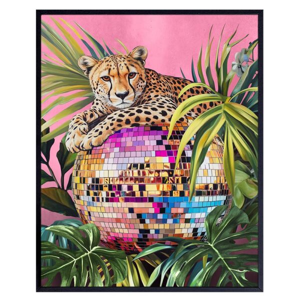 Mid Century modern Wall Decor - Vintage Retro Jungle Wall Decor - Pink Disco Ball Wall Decor - Cheetah Print Wall Art - Living room Decor Aesthetic - Chic Wall Decor for Women - Eclectic Wall Art - B0DM6BTG93