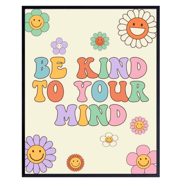 Positive Art Boho Wall Decor - Retro style Inspirational Wall Art, Boho Chic Wall Decor - Cute Motivational poster - Encouragement Gifts for Women, Teen Girls Room Decor, Be Kind To Your Mind Wall Art - B0DR9647N5