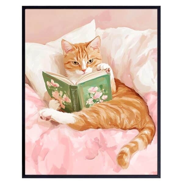 Tabby cat Wall Art - Orange Cat Reading Nook Wall Art & Decor - Pink Bedroom Wall Decor - Book Lovers Art Print - Cat Pictures Wall Decor - Cat Themed Decor - Cat Stuff for Women - Cat Home Decor - B0DR968GJS