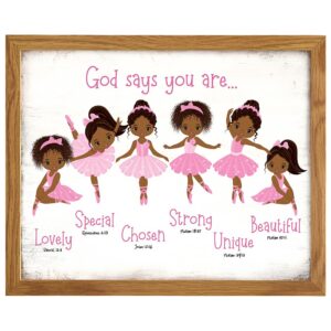 Black Afro African American Girl Wall Art FRAMED - God Says You Are Christian Bible Verses - Religious Room Decor - Toddler, Little Girls Bedroom Decor - Pink Ballerina Baby Picture - Daughter Gifts - B0DZ74R2LX