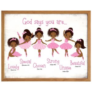 Black Afro African American Girl 11x14 FRAMED - God Says Christian Bible Verses Wall Art, Religious Room Decor, Toddler Little Girls Bedroom Decor, Pink Ballerina Baby Room Decorations, Daughter Gifts - B0DZD6JWLH