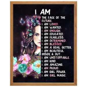 Tween Girl Inspirational Wall Art 11x14 FRAMED - I Am - Teen Girls Room Decor - Motivational poster for Little Girl Bedroom Decor - positive affirmation Wall Art - Quotes for Girls Room Decoration - B0DZD71VMX