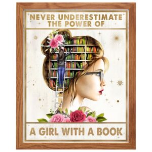 Never Underestimate A Girl With A Book Wall Art FRAMED - Girls Room Motivational Quote - Inspirational Saying - Classroom Wall Art Poster - Daughter Gift - Teacher Gift - Girls Bedroom Decor 8x10 - B0DZ72BP3J