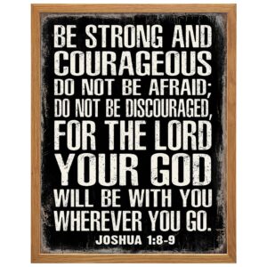 Christianity Wall Art 11x14 FRAMED - Inspiration Bible Verse Poster for Man Cave, Masculine Religious Decor, Motivation Scripture Wall Decor - Joshua 1:9 - Men Courage Gifts - Be Strong and Courageous - B0DZ2NY9GL